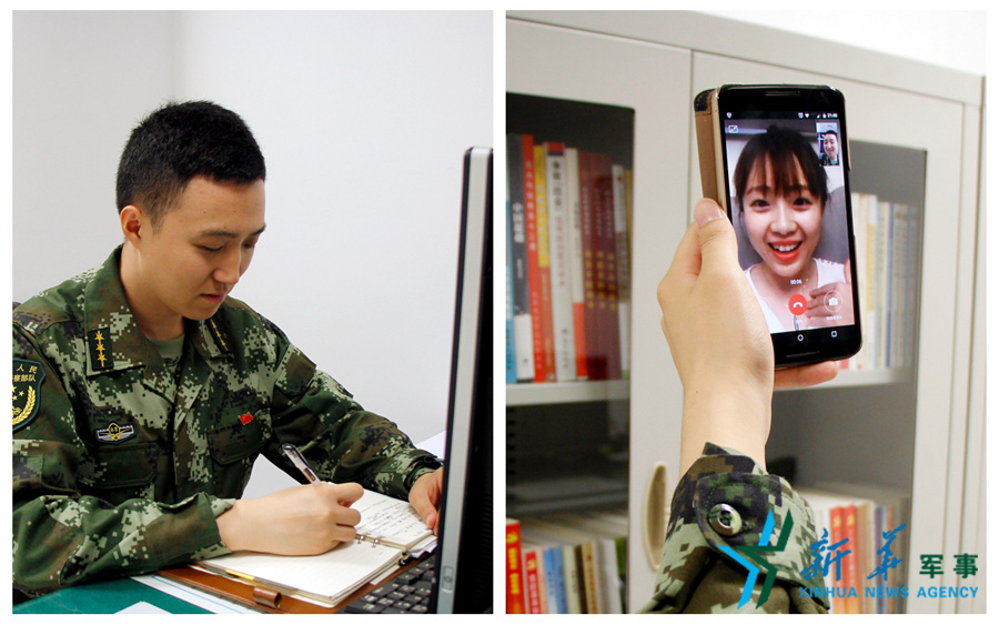 &uarr;陳德正，武警北京總隊(duì)七支隊(duì)某中隊(duì)指導(dǎo)員。七夕前夜堅(jiān)守在值班崗位上的他，在結(jié)束值班后給妻子打了個視頻電話，通過網(wǎng)絡(luò)表達(dá)著對妻子的愛意。閆星辰 攝