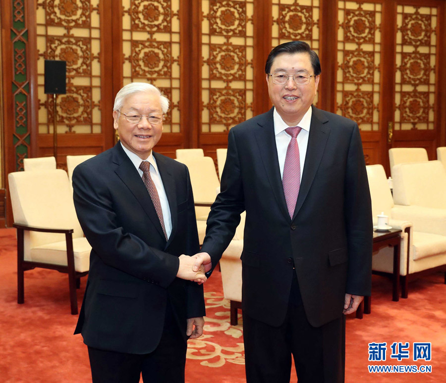 1月13日，中共中央政治局常委、全國人大常委會(huì)委員長張德江在北京人民大會(huì)堂會(huì)見越共中央總書記阮富仲。 新華社記者 劉衛(wèi)兵 攝