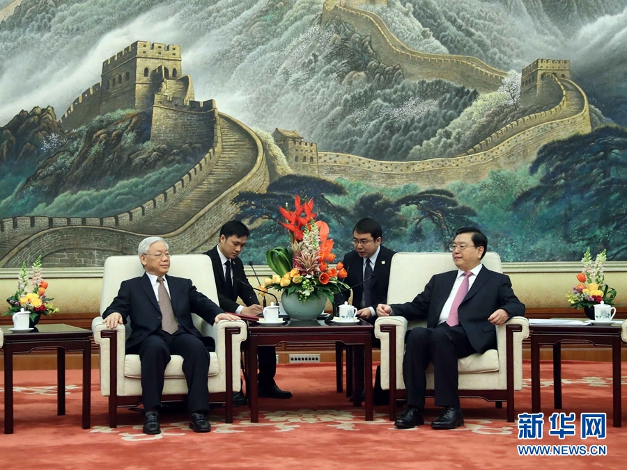 1月13日，中共中央政治局常委、全國人大常委會(huì)委員長張德江在北京人民大會(huì)堂會(huì)見越共中央總書記阮富仲。 新華社記者 劉衛(wèi)兵 攝