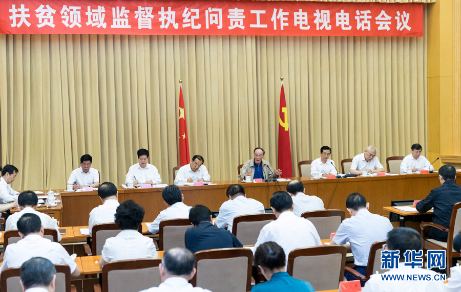 7月3日，中共中央政治局常委、中央紀委書記王岐山在北京出席扶貧領(lǐng)域監(jiān)督執(zhí)紀問責(zé)工作電視電話會并講話。 新華社記者丁海濤攝