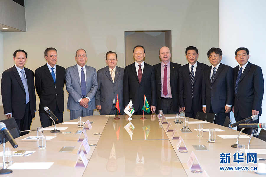 7月11日，在巴西首都巴西利亞，中共中央書記處書記、全國政協(xié)副主席杜青林（中）會見巴西民主運動黨總書記毛羅&middot;洛佩斯（左四）。新華社記者李明攝