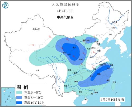 大風(fēng)降溫預(yù)報(bào)圖(4月4日&mdash;6日)。圖片來(lái)源：中央氣象臺(tái)