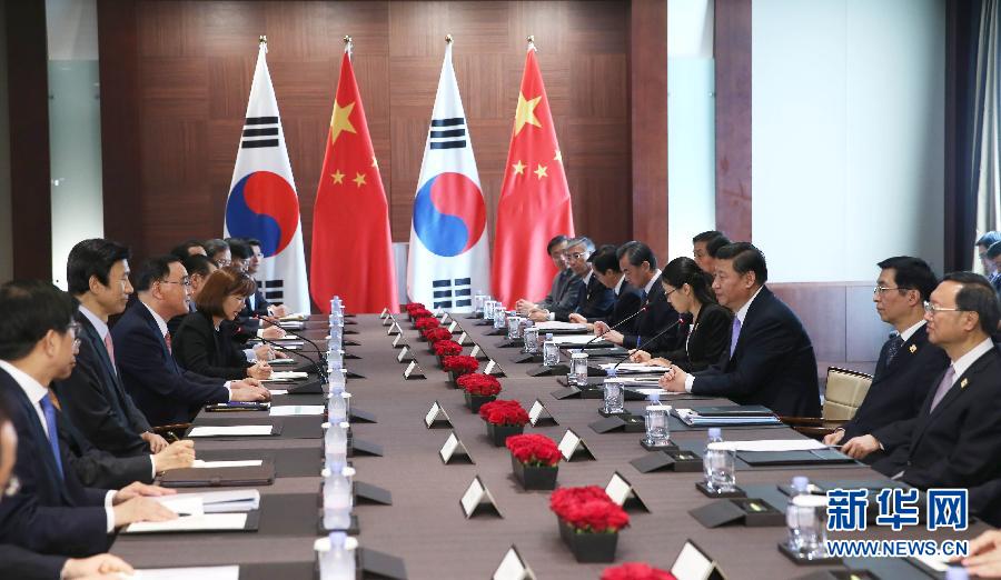 7月4日，國家主席習(xí)近平在首爾會見韓國總理鄭烘原。 新華社記者謝環(huán)馳攝 