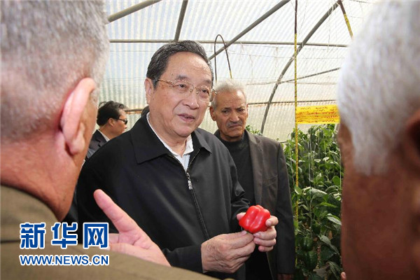 11月8日，正在約旦進(jìn)行正式友好訪問的全國政協(xié)主席俞正聲在約旦河谷參觀碩果農(nóng)業(yè)合作社。 新華社記者 劉衛(wèi)兵 攝 