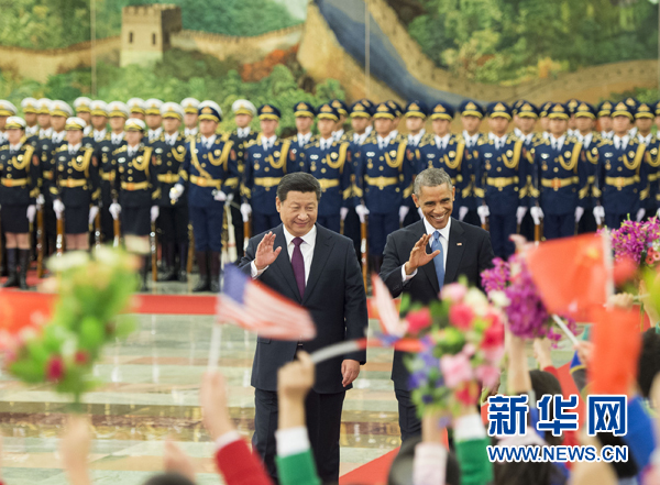 11月12日，國家主席習(xí)近平在北京人民大會堂舉行歡迎儀式，歡迎美國總統(tǒng)奧巴馬對中國進(jìn)行國事訪問。 新華社記者 黃敬文 攝